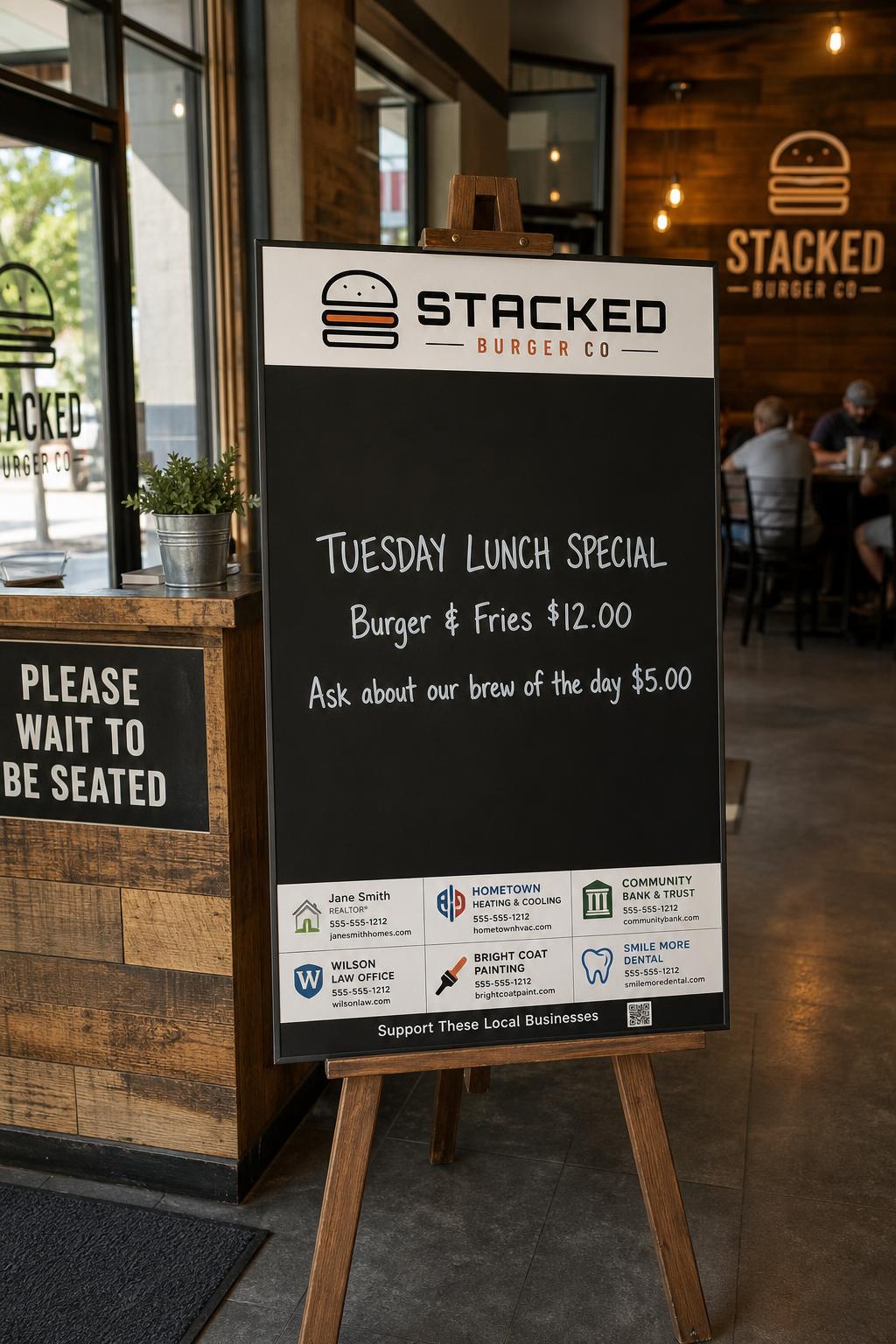 Free LocalMenuBoard dry-erase menu board on a tripod beside a restaurant host stand, showing the daily lunch special and six local business advertisements